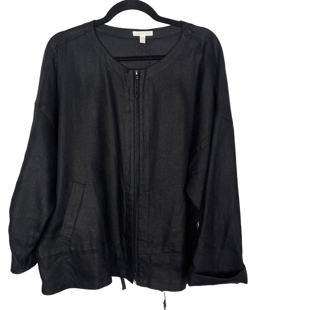 Eileen Fisher L Black Organic Linen Zip Up Jacket Roll Tab Sleeve Drawstring Hem